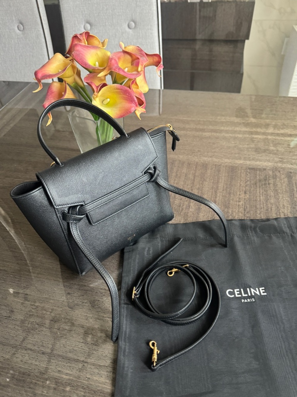 Celine Black Leather Nano Belt Bag with Gold Hardware